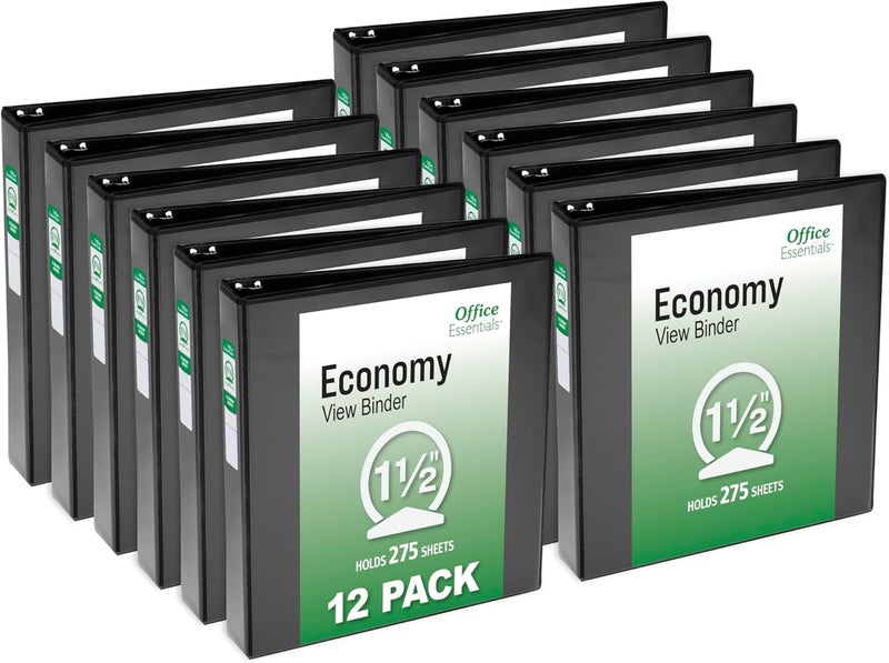 Office Essentials Economy View 3 Ring Binders, 1.5" Round Rings, 2.1" Spine, 275-Sheet Capacity, Black Binders (12-Pack of 03427) - Image 1